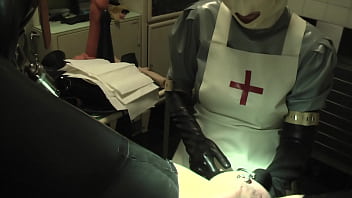 Rubbernurse Agnes - long grey latex nurse dress, white surgery hood and mask- Part 1 - blowjob and prostate massage